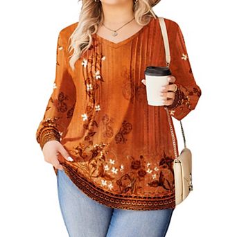 Zeagoo Women's Boho Long Sleeve V Neck Pleated Flowy Tunic Blouses Casual Fall Tops