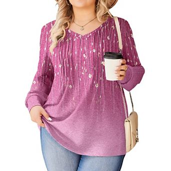 Zeagoo Women's Boho Long Sleeve V Neck Pleated Flowy Tunic Blouses Casual Fall Tops