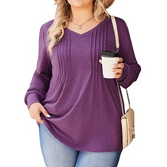 Zeagoo Women's Boho Long Sleeve V Neck Pleated Flowy Tunic Blouses Casual Fall Tops