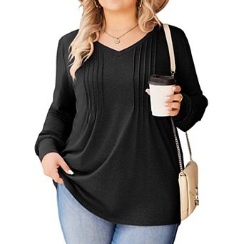 Zeagoo Women's Boho Long Sleeve V Neck Pleated Flowy Tunic Blouses Casual Fall Tops