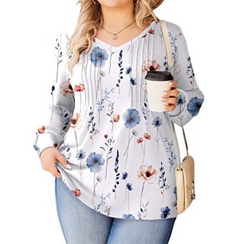 Zeagoo Women's Boho Long Sleeve V Neck Pleated Flowy Tunic Blouses Casual Fall Tops