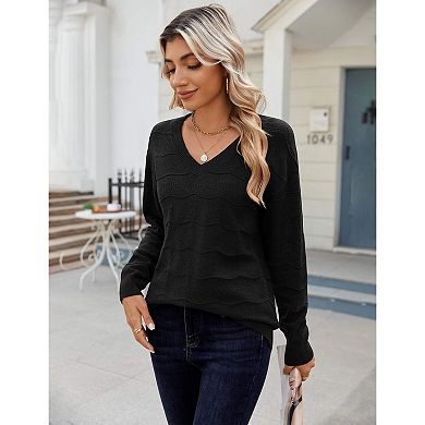 Zeagoo Women's Long Sleeve V-Neck Crochet Pullover Sweater Loose Business Casual Tops
