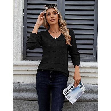Zeagoo Women's Long Sleeve V-Neck Crochet Pullover Sweater Loose Business Casual Tops