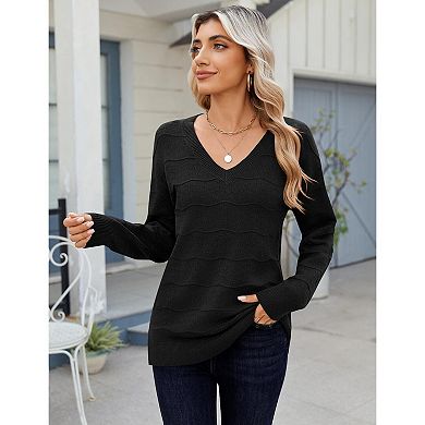 Zeagoo Women's Long Sleeve V-Neck Crochet Pullover Sweater Loose Business Casual Tops