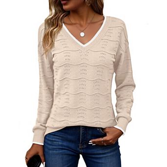 Zeagoo Women's Long Sleeve V-Neck Crochet Pullover Sweater Loose Business Casual Tops