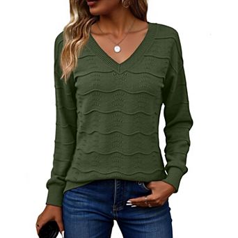 Zeagoo Women's Long Sleeve V-Neck Crochet Pullover Sweater Loose Business Casual Tops