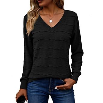 Zeagoo Women's Long Sleeve V-Neck Crochet Pullover Sweater Loose Business Casual Tops
