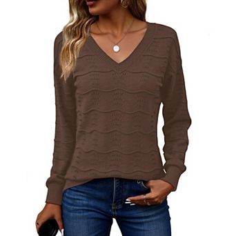 Zeagoo Women's Long Sleeve V-Neck Crochet Pullover Sweater Loose Business Casual Tops