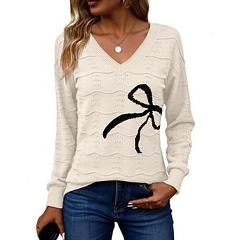 Zeagoo Women's Long Sleeve V-Neck Crochet Pullover Sweater Loose Business Casual Tops