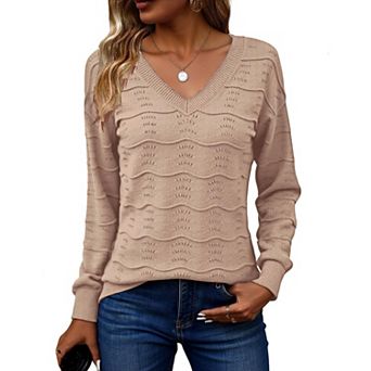 Zeagoo Women's Long Sleeve V-Neck Crochet Pullover Sweater Loose Business Casual Tops