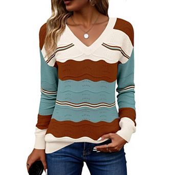Zeagoo Women's Long Sleeve V-Neck Crochet Pullover Sweater Loose Business Casual Tops