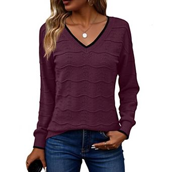 Zeagoo Women's Long Sleeve V-Neck Crochet Pullover Sweater Loose Business Casual Tops