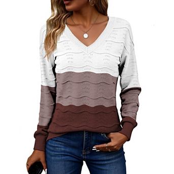Zeagoo Women's Long Sleeve V-Neck Crochet Pullover Sweater Loose Business Casual Tops