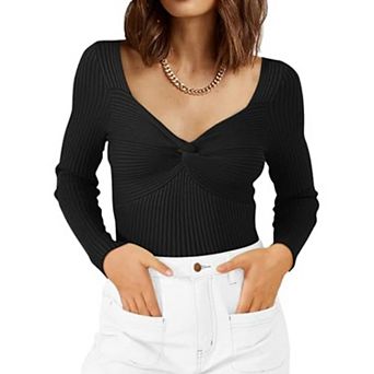 Zeagoo Women's Long Sleeve V Neck Twist Knot Sweater Tops Slim Fitted Casual Fall Tops