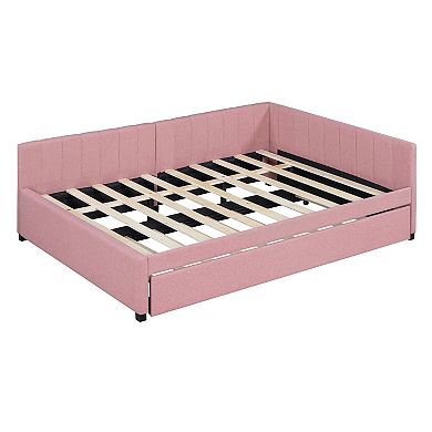 Pnronnc L-shape Daybed Linen Fabric Sofa Bed with Pullout Trundle or Drawers Full Size Platform Bed