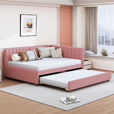Pnronnc L-shape Daybed Linen Fabric Sofa Bed with Pullout Trundle or Drawers Full Size Platform Bed