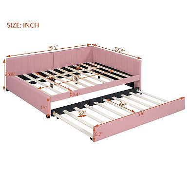 Pnronnc L-shape Daybed Linen Fabric Sofa Bed with Pullout Trundle or Drawers Full Size Platform Bed