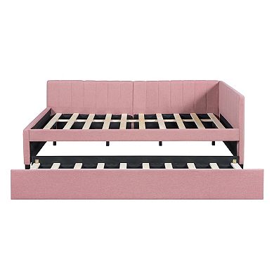 Pnronnc L-shape Daybed Linen Fabric Sofa Bed with Pullout Trundle or Drawers Full Size Platform Bed