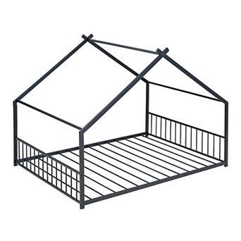 Pnronnc Metal House-shaped Bed Toddler Floor Bed for Kids Montessori Bed with House Roof Frame