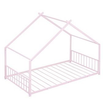 Pnronnc Metal House-shaped Bed Toddler Floor Bed for Kids Montessori Bed with House Roof Frame