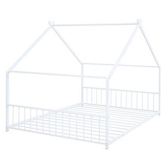 Pnronnc Metal House-shaped Bed Toddler Floor Bed for Kids Montessori Bed with House Roof Frame