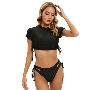 Women Drawstring Bikini Set Srting Swimsuit Short Sleeve Top and Tie Side Bottom