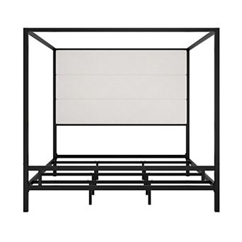 Pnronnc Modern Canopy Bed Linen Fabric Upholstered Headboard Wingback Bed Metal 4-Poster Bed Frame