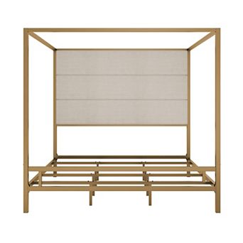 Pnronnc Modern Canopy Bed Linen Fabric Upholstered Headboard Wingback Bed Metal 4-Poster Bed Frame