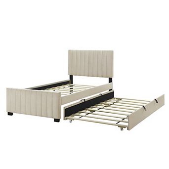 Pnronnc Velvet Upholstered Platform Bed with Trundle Bed