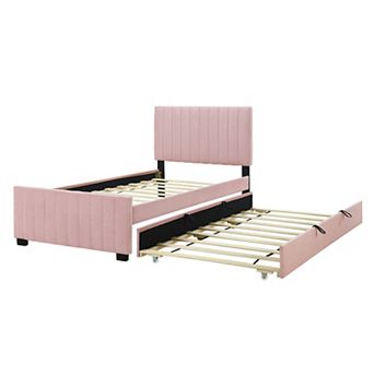 Pnronnc Velvet Upholstered Platform Bed with Trundle Bed