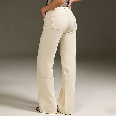 Women's Y2K High Rise Jeans Wide Leg Adjustable Snap Button Waist With Pockets