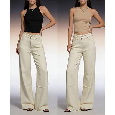 Women's Y2K High Rise Jeans Wide Leg Adjustable Snap Button Waist With Pockets