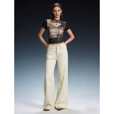 Women's Y2K High Rise Jeans Wide Leg Adjustable Snap Button Waist With Pockets