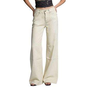 Women's Y2K High Rise Jeans Wide Leg Adjustable Snap Button Waist With Pockets
