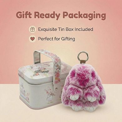 Fluffy Bunny Keychain Plush Rabbit Charm Gift Tin Box