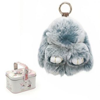 Fluffy Bunny Keychain Plush Rabbit Charm Gift Tin Box
