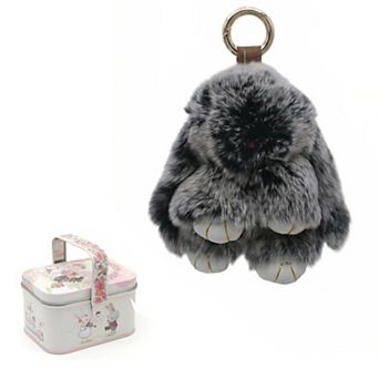 Fluffy Bunny Keychain Plush Rabbit Charm Gift Tin Box