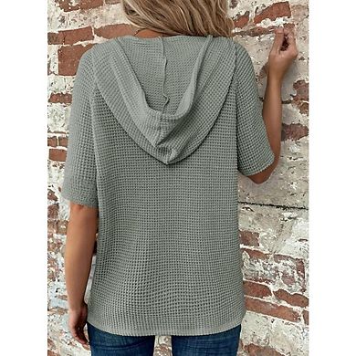 Womens Tops Waffle Knit Short Sleeve Drawstring Hoodies Button V Neck Casual Blouses Shirts