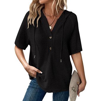 Womens Tops Waffle Knit Short Sleeve Drawstring Hoodies Button V Neck Casual Blouses Shirts
