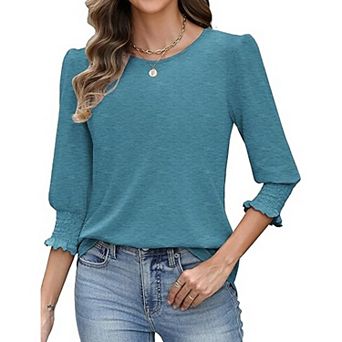 Zeagoo Women's 3/4 Sleeve Round Neck Pleated Tunics Loose Fit Trendy Casual Tops