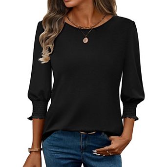 Zeagoo Women's 3/4 Sleeve Round Neck Pleated Tunics Loose Fit Trendy Casual Tops