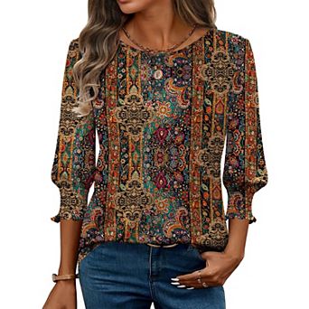 Zeagoo Women's 3/4 Sleeve Round Neck Pleated Tunics Loose Fit Trendy Casual Tops