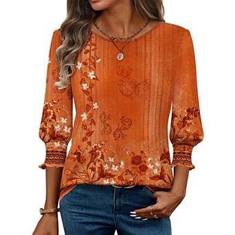 Zeagoo Women's 3/4 Sleeve Round Neck Pleated Tunics Loose Fit Trendy Casual Tops