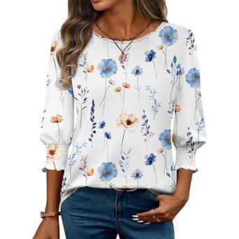 Zeagoo Women's 3/4 Sleeve Round Neck Pleated Tunics Loose Fit Trendy Casual Tops