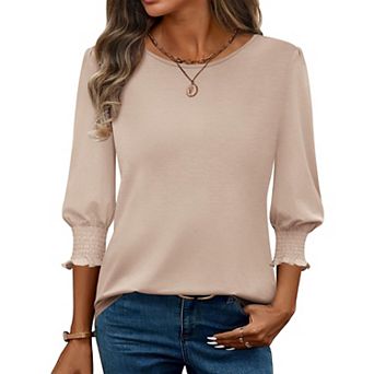 Zeagoo Women's 3/4 Sleeve Round Neck Pleated Tunics Loose Fit Trendy Casual Tops