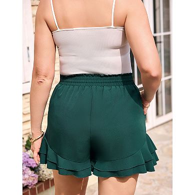 Women Plus Size Drawstring Ruffle Layered Shorts