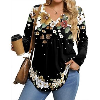 Zeagoo Women's Long Sleeve Pleated Floral Boho Blouse Button Down V Neck Basic Tops