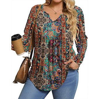 Zeagoo Women's Long Sleeve Pleated Floral Boho Blouse Button Down V Neck Basic Tops