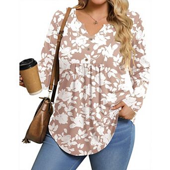 Zeagoo Women's Long Sleeve Pleated Floral Boho Blouse Button Down V Neck Basic Tops