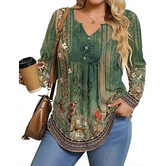 Zeagoo Women's Long Sleeve Pleated Floral Boho Blouse Button Down V Neck Basic Tops